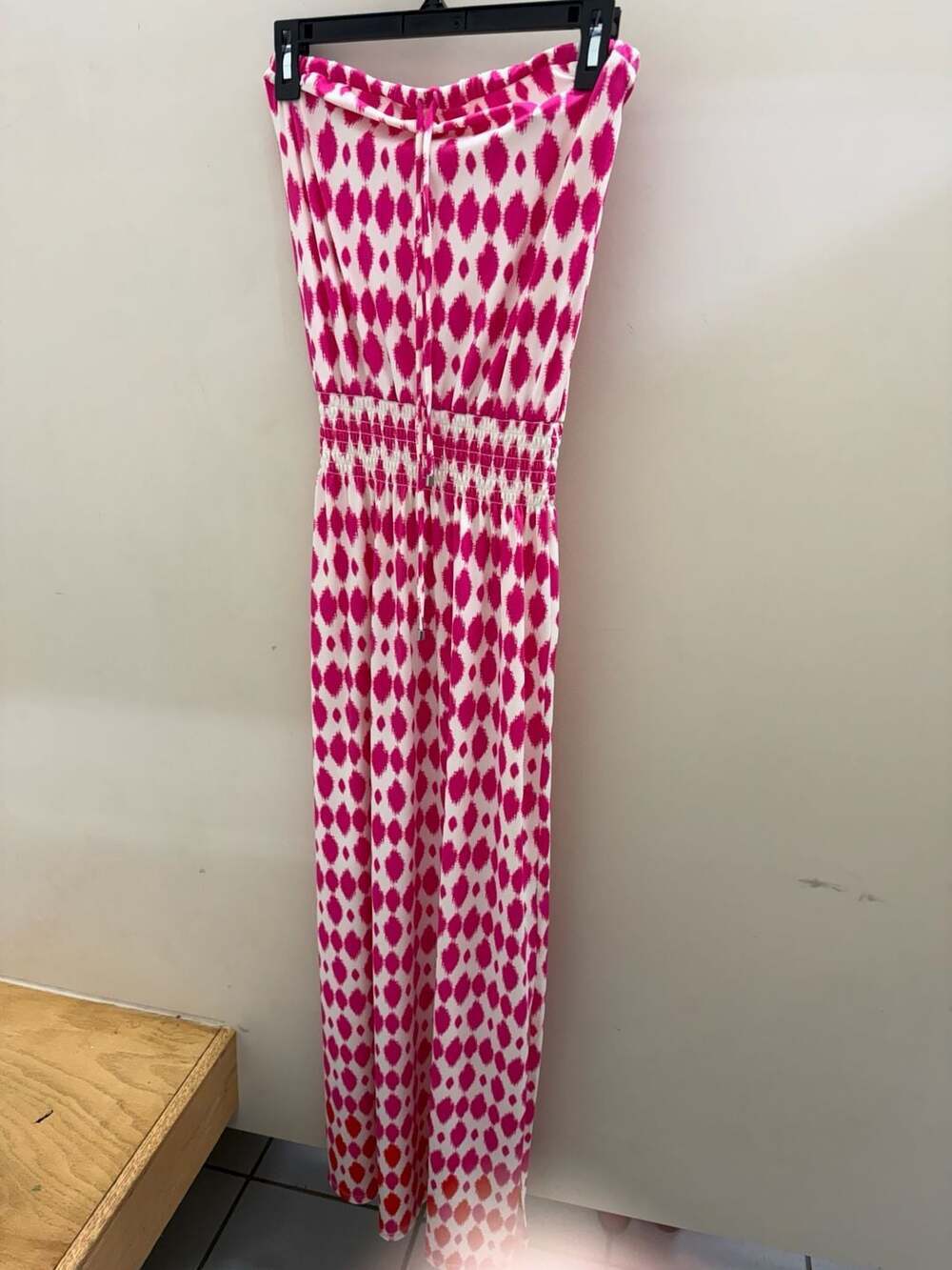 Jude Connally Bria Strapless Smocked Waist Maxi Dress Pink White Ikat